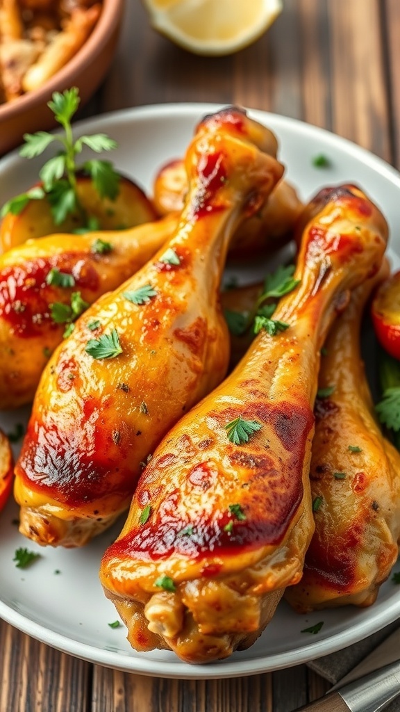 Crispy baked chicken drumsticks on a plate with herbs and roasted vegetables on a rustic table.